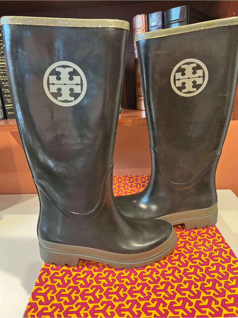 Tory Burch Black Rain Boots with Grey Trim and Logo